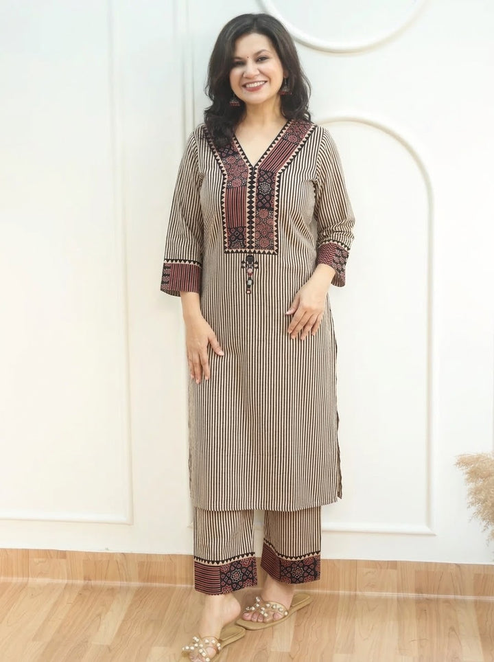Amulya Onxy Black Ajrakh Patch Stripe Print Cotton Co-ord Set