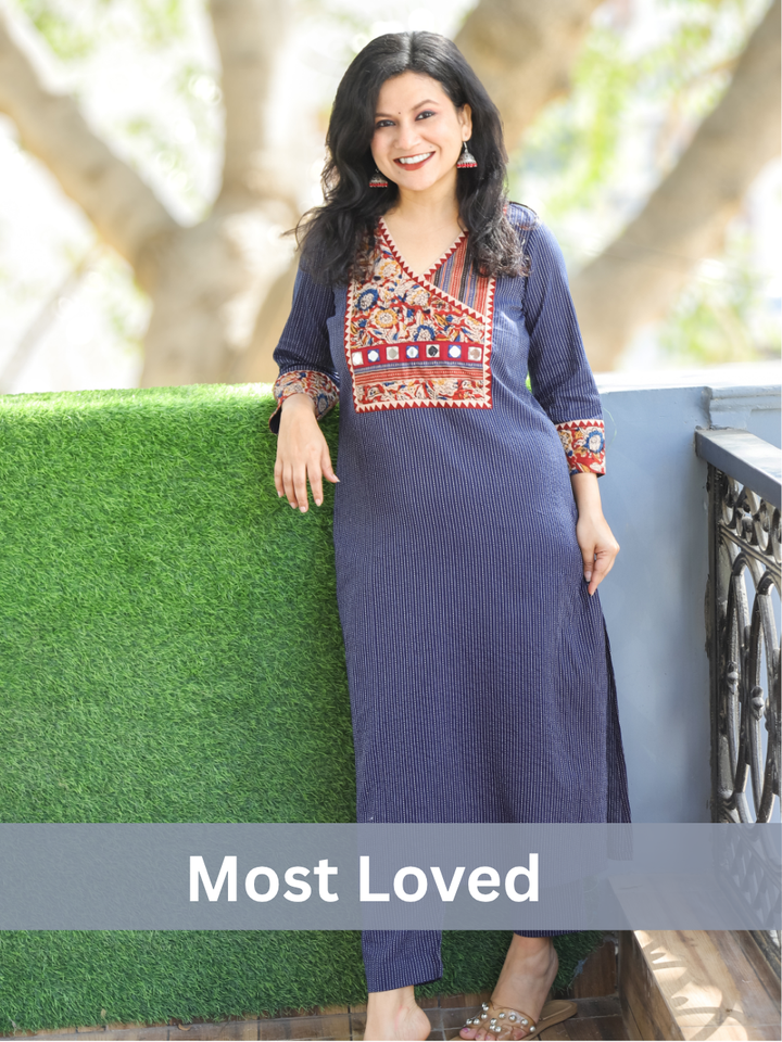 Haniyaa Navy Blue Angrakha Style with Kalamkari Printed Yoke Kantha Cotton Kurti