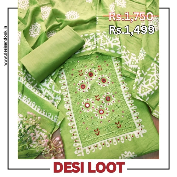 Rupali Parrot Green Schiffli Thread Work with Mirror Neck Batik Print Modal Set