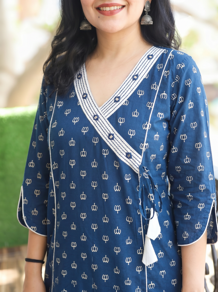 Varsha Sapphire Blue Angrakha Lotus Panel Cotton Kurti