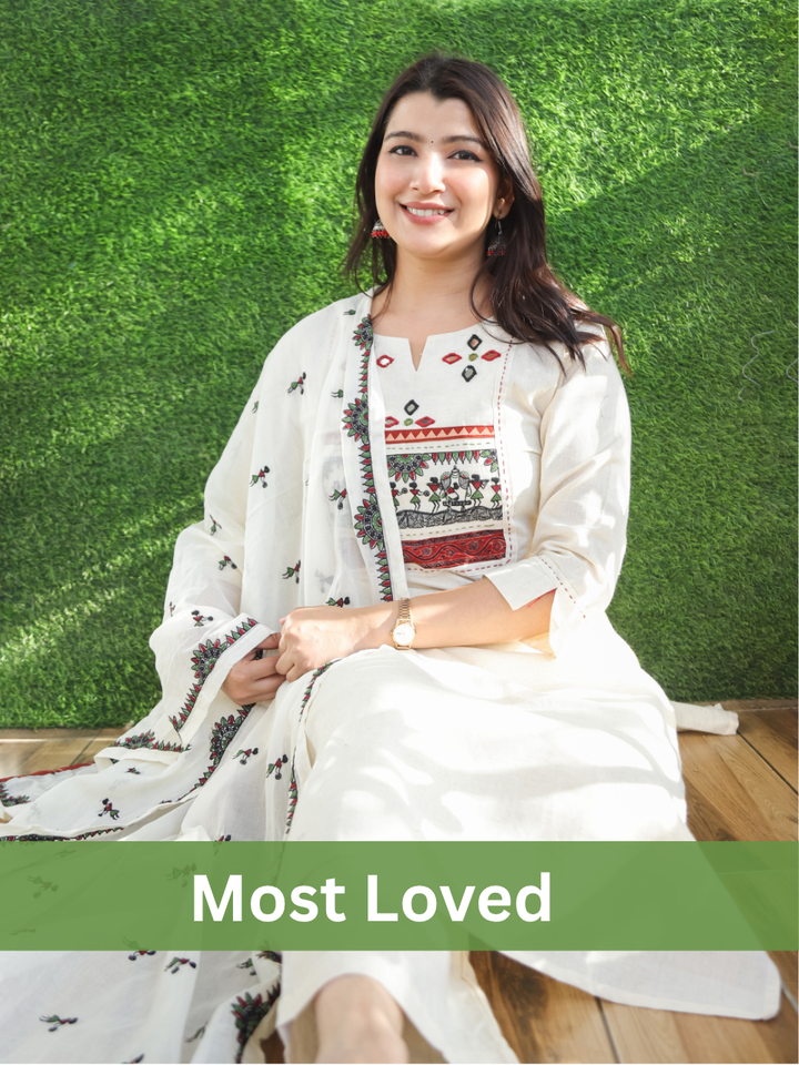 Nancy White Warli Embroidered 3 Piece Set