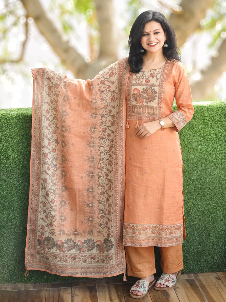 Meghrani Peach Shimmer Tissue Linen 3 Piece Set