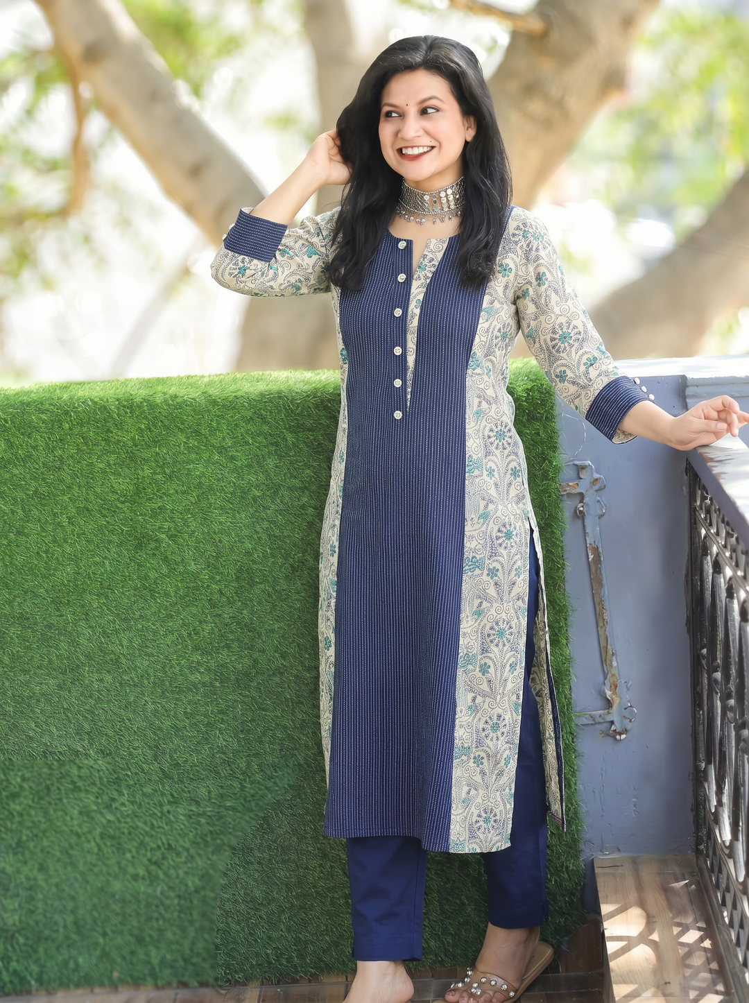 Padma Navy Blue Running Stitch Panel Cotton Kurti