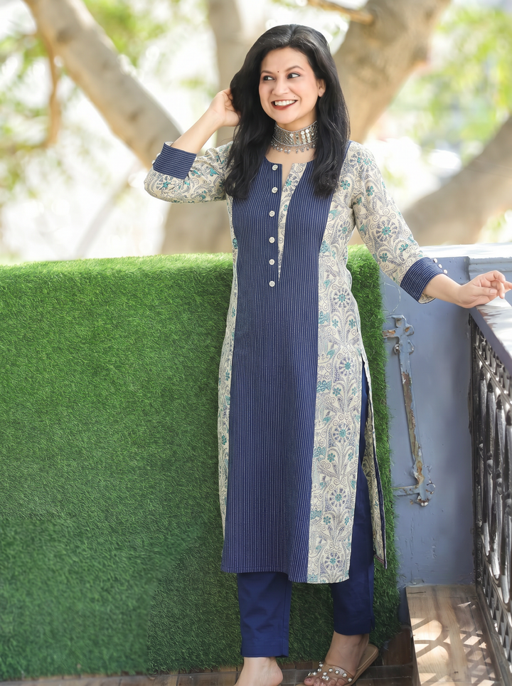 Padma Navy Blue Running Stitch Panel Cotton Kurti