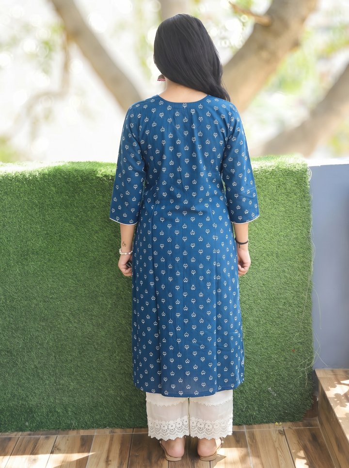 Varsha Sapphire Blue Angrakha Lotus Panel Cotton Kurti