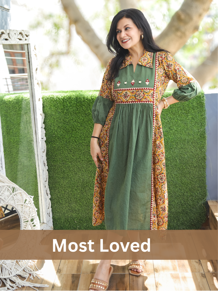 Joe Green Mirror Work Kalamkari Cotton Dress