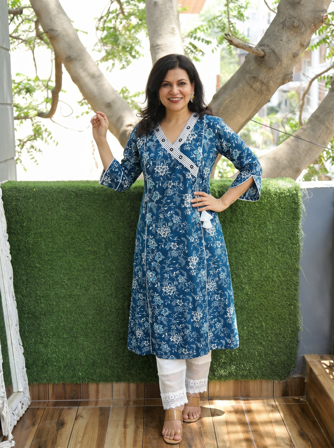 Varsha Indie Blue Angrakha Floral Panel Cotton Kurti