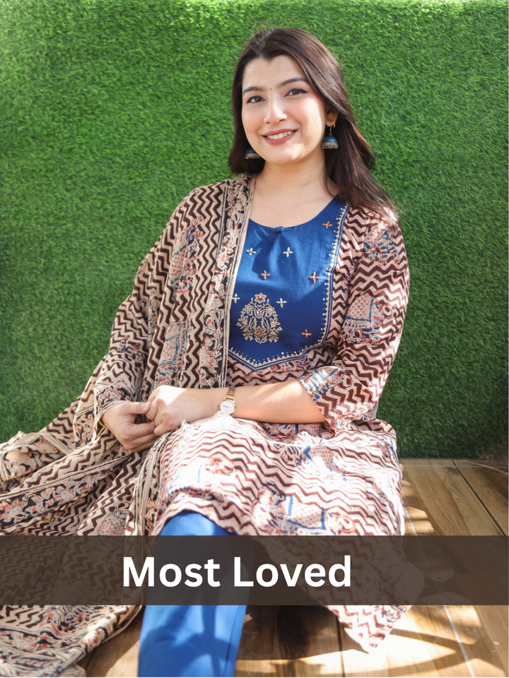 Nancy Blue Kalamkari Cotton 3 PIece Set