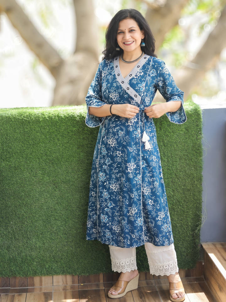 Varsha Indie Blue Angrakha Floral Panel Cotton Kurti