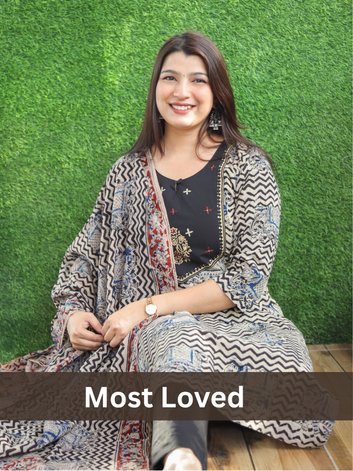 Nancy Oil Black Kalamkari Cotton 3 PIece Set