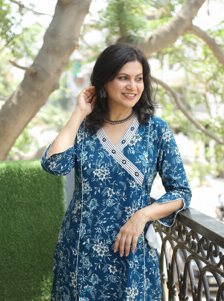 Varsha Indie Blue Angrakha Floral Panel Cotton Kurti