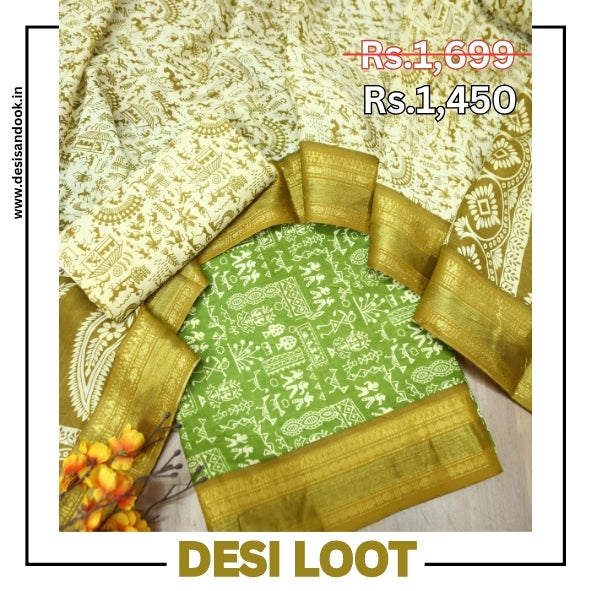 Anaya Grass Green Warli Printed in Mangalgiri Hem Work Cotton Suit Set