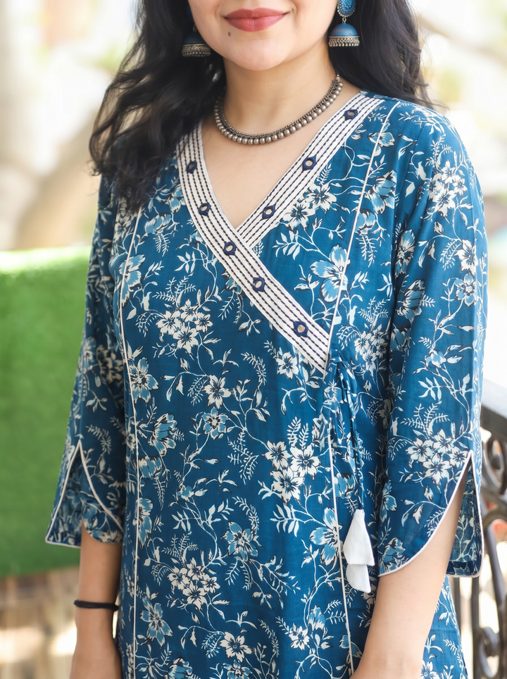 Varsha Indie Blue Angrakha Floral Panel Cotton Kurti