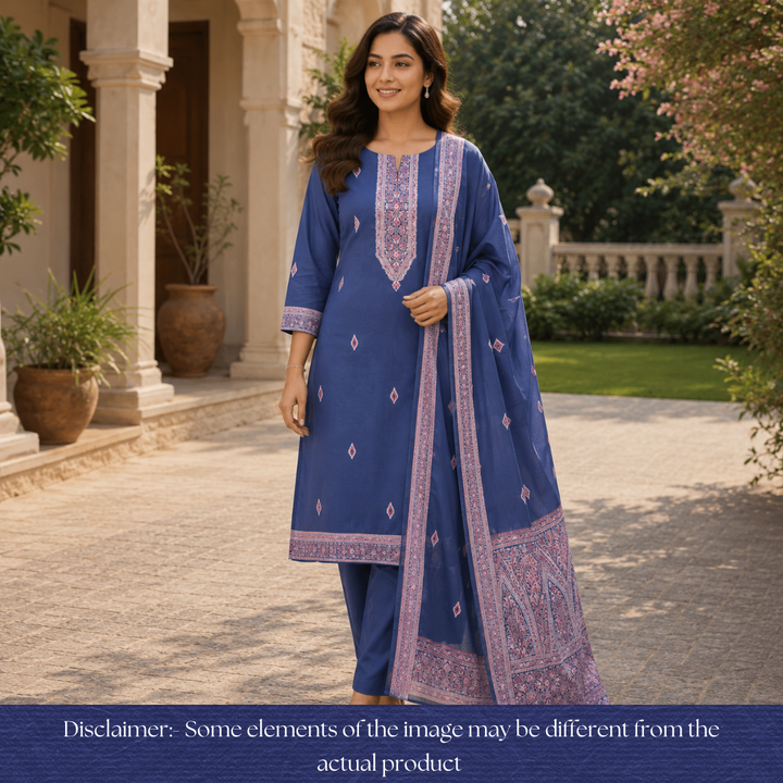 Khavaat Navy Blue Thread with Authentic Jamdani Weaved Chanderi Set