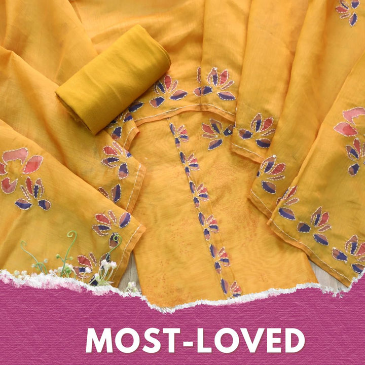 Alhada Dandelion Yellow Kantha Embroidery Chanderi Suit Set