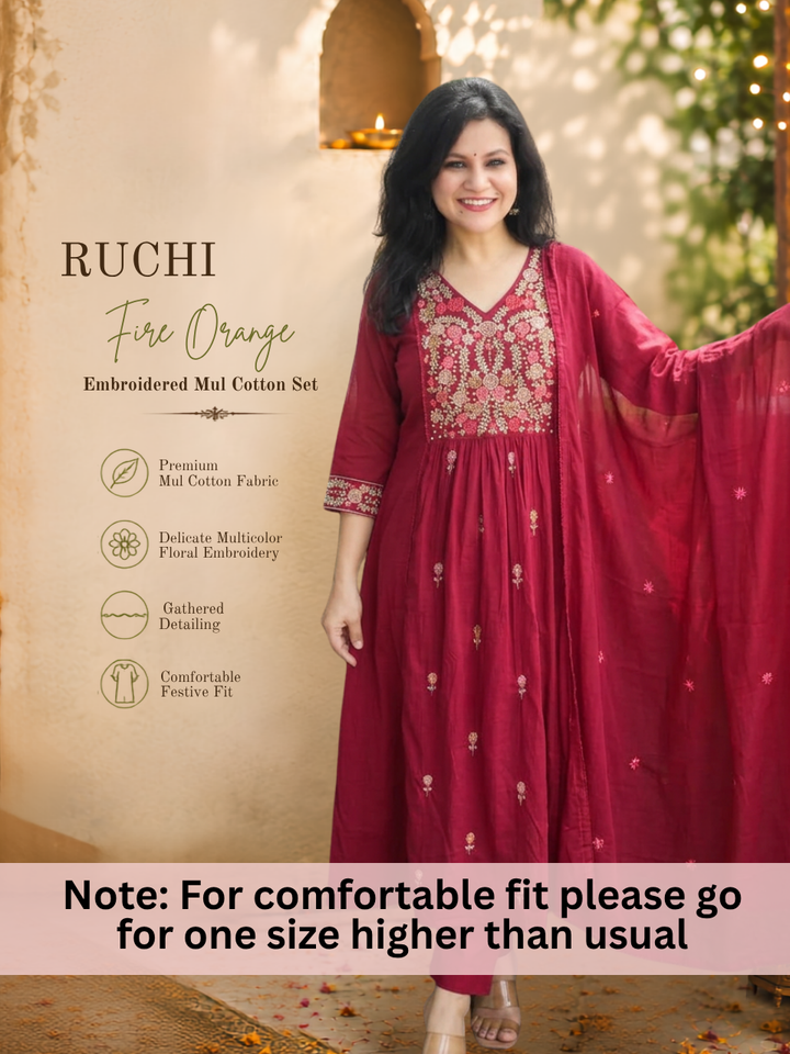 Ruchi Berry Red Embroidered Mul Cotton 3 Piece Set