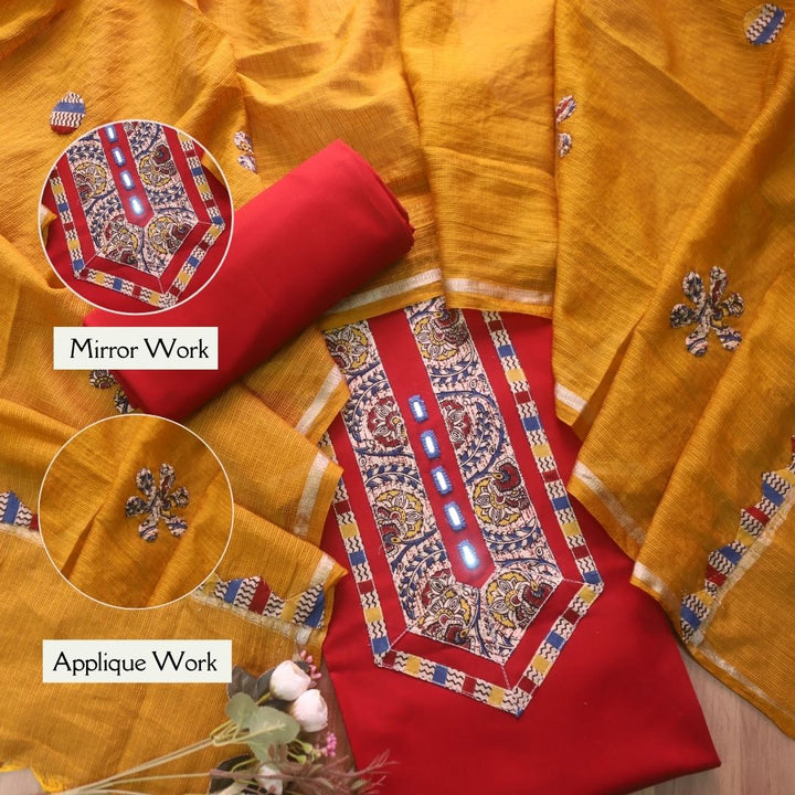 Maahi Cherry Red Mirror Work with Kalamkari Patch Cotton Suit Set