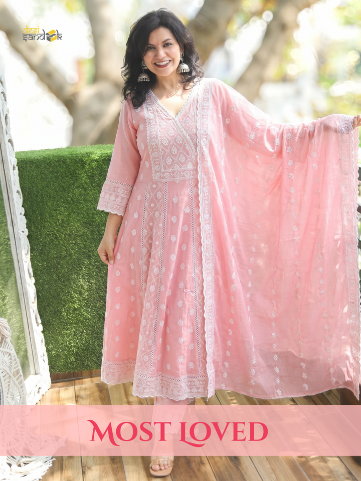 Millie Coral Peach Anarkali Mul Cotton 3 Piece Set