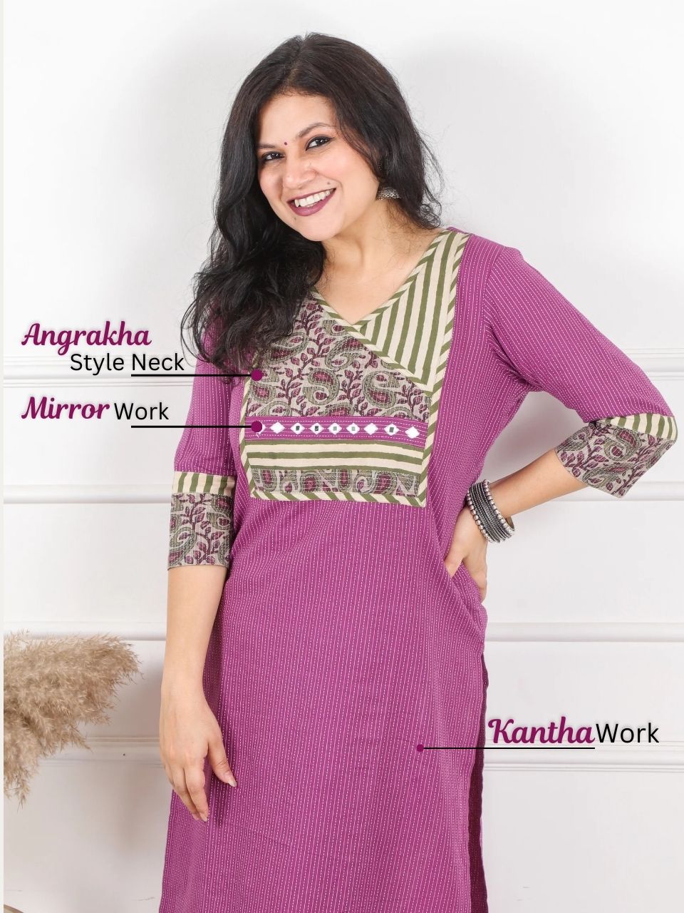 Hanniyaan Eggplant Purple Angrakha Neck Work Kantha Cotton Kurti