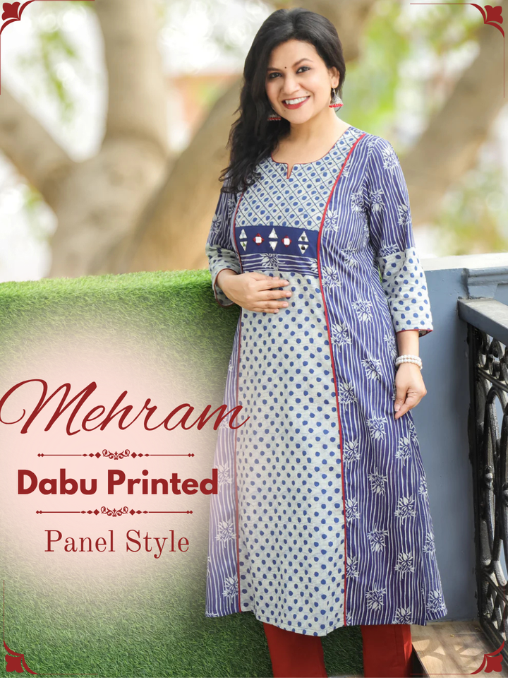 Mehram Indigo Blue Dabu Panel A-Line Cotton Kurti