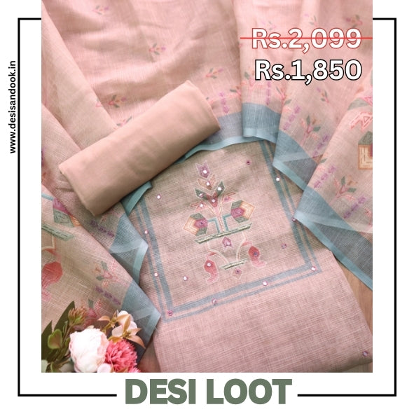 Fanaa Sand Beige Digital Print with Patra and Moti Work Shimmer Linen Set