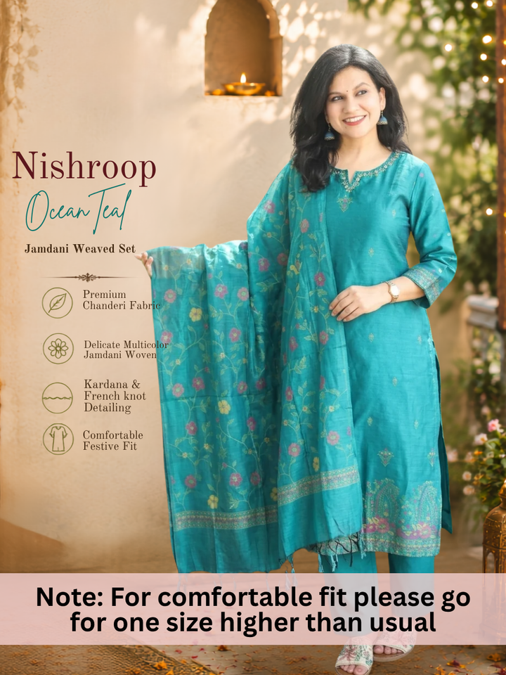 Nishroop Teal Floral Weaved Jamdani 3 Piece Set