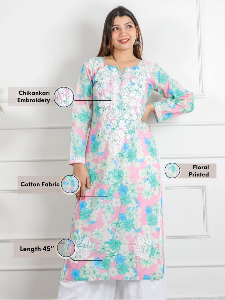 Shalini Baby Pink Floral Printed Chikankari Cotton Kurti