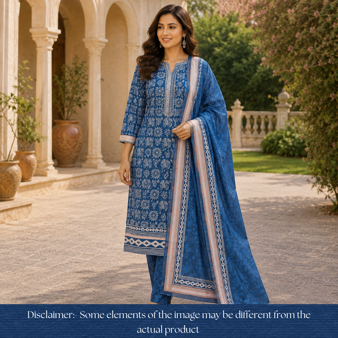 Anaya Cerulean Blue Warli Printed in Mangalgiri Hem Work Cotton Suit Set D4