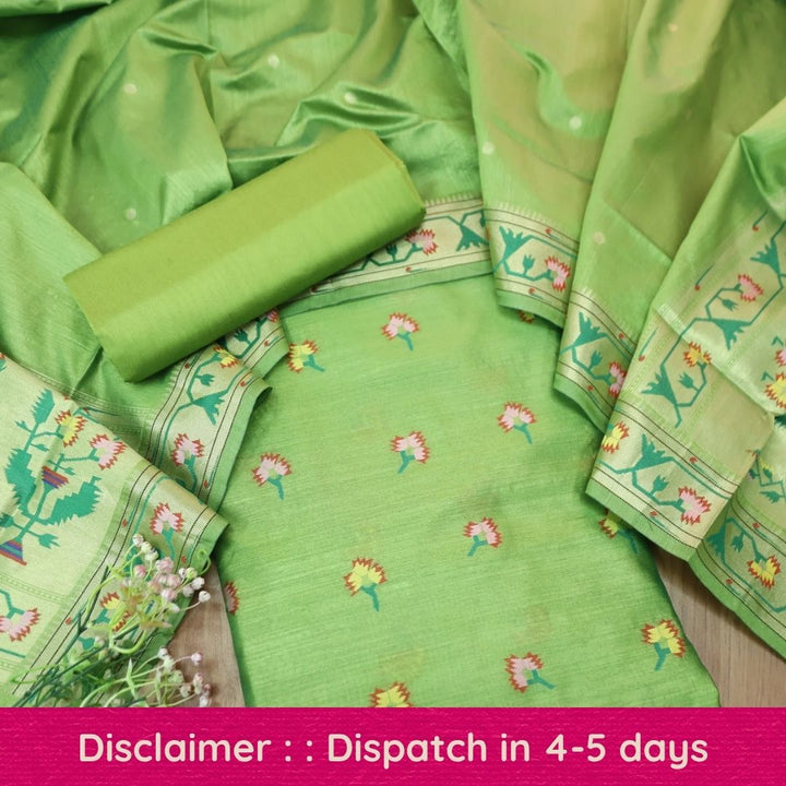 Taruṇi Fresh Green Jamdani Jacquard Weaved Paithani Inspired Tussar Silk Suit Set