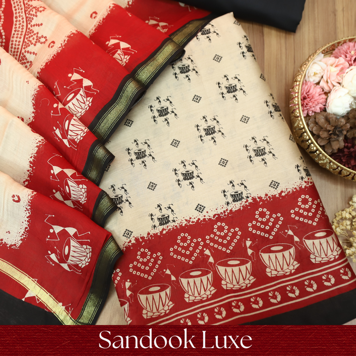 Parineeti Sand Beige Tribal Folk Art Printed Maheswari Chanderi Set