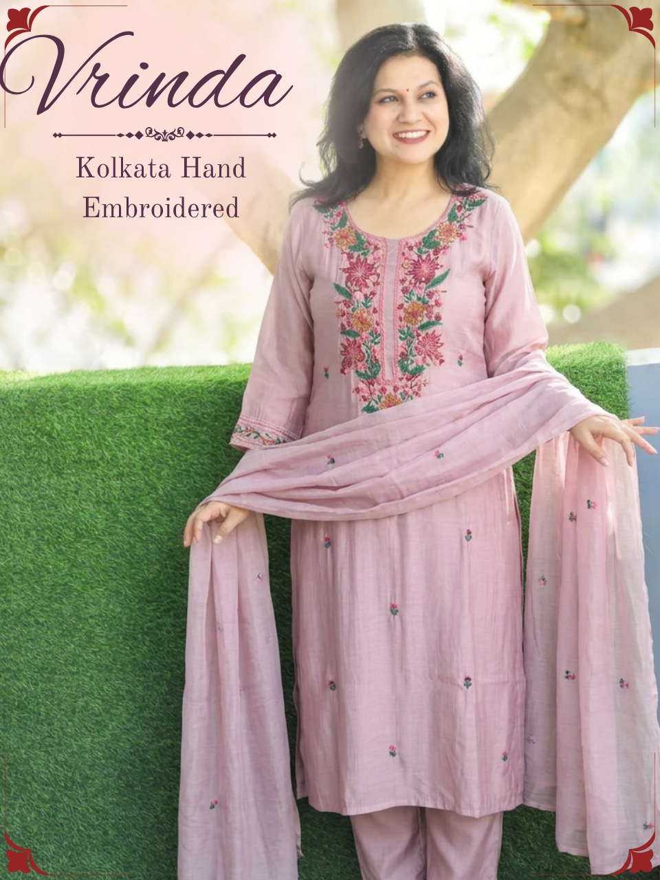 Vrinda Helio Mauve Kolkata Hand Embroidered Set