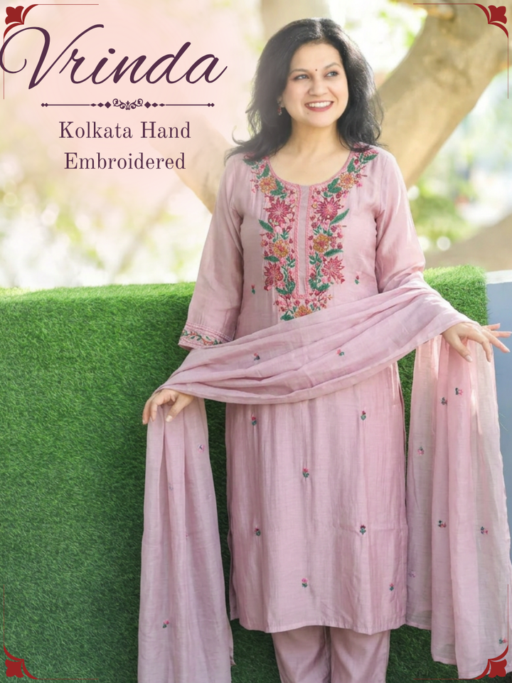 Vrinda Helio Mauve Kolkata Hand Embroidered Set