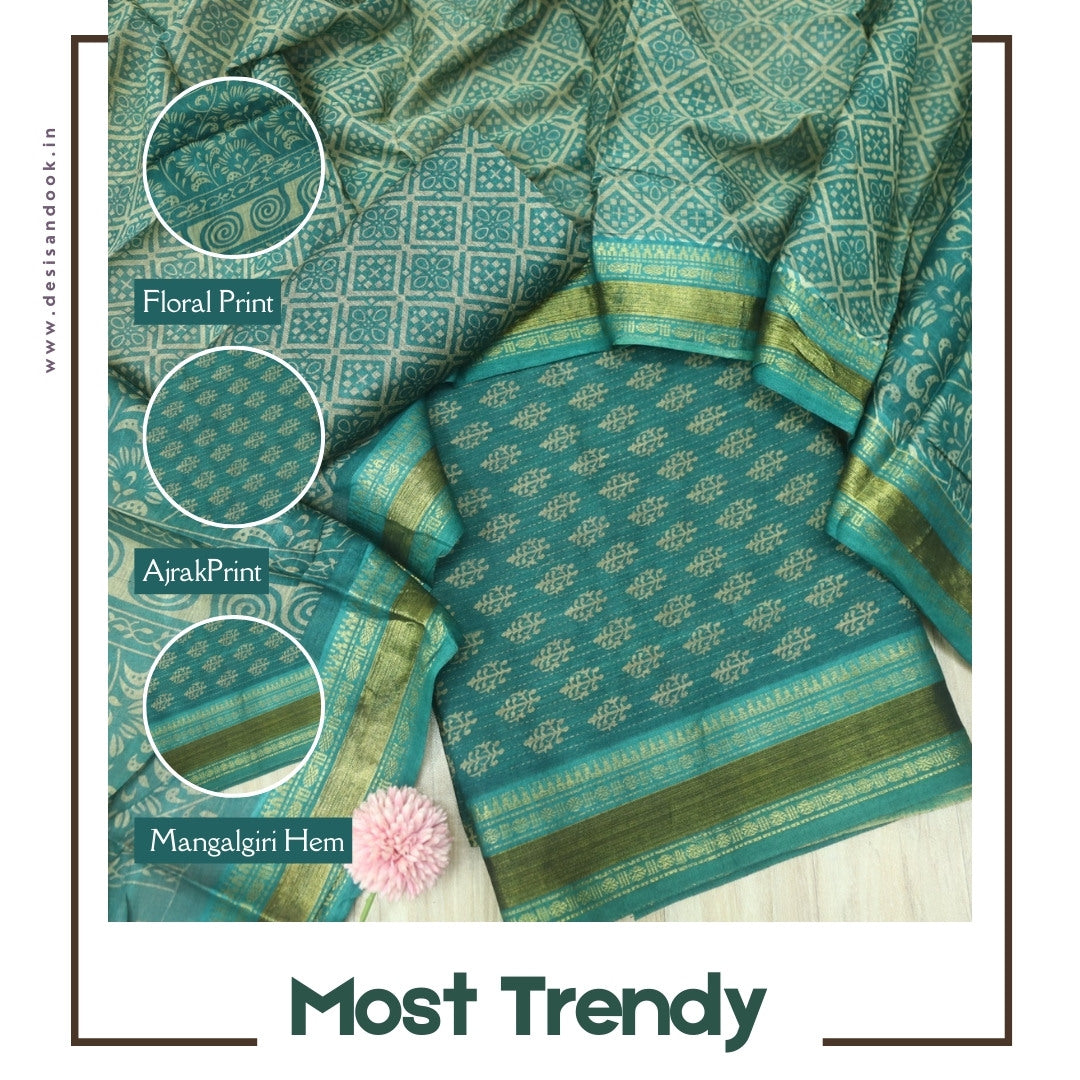 इश्कखुमारी Soft Teal Printed Work With Mangalgiri Hem Cotton Set