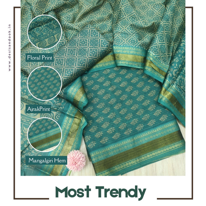 इश्कखुमारी Soft Teal Printed Work With Mangalgiri Hem Cotton Set