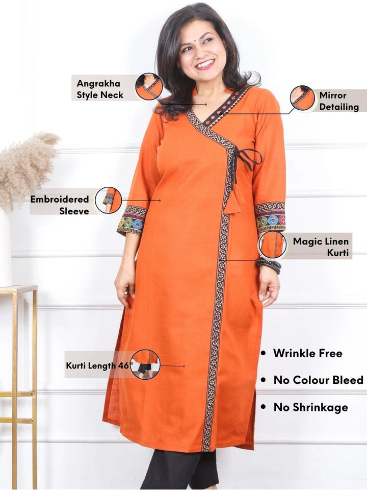 Raavi Pumpkin Rust Angrakha Style Long Neck Lace Work Magic Linen Kurti