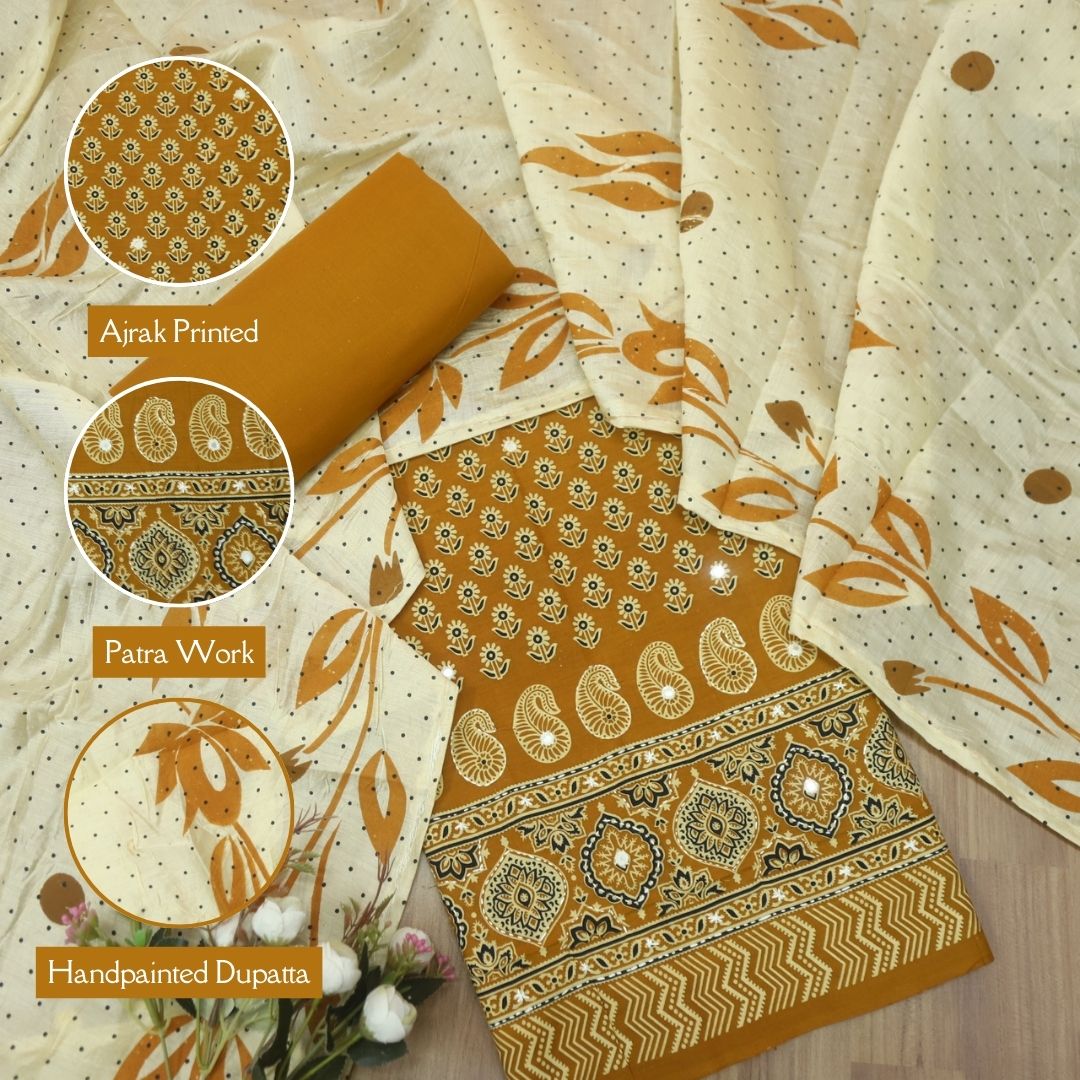 Aayena Dandelion Yellow Patra Detailing in Ajrak Printed Cotton Suit Set D1
