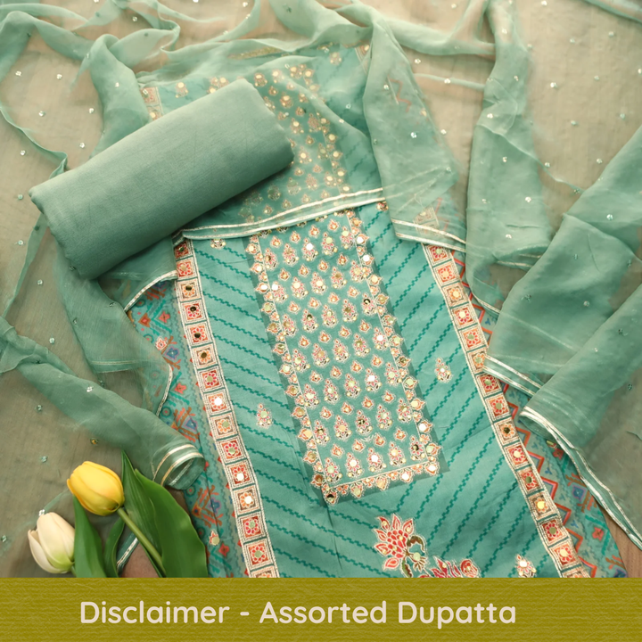 Rahi Aqua Teal Zari and Thread Weaved with Mirror Work Art Silk Suit Set