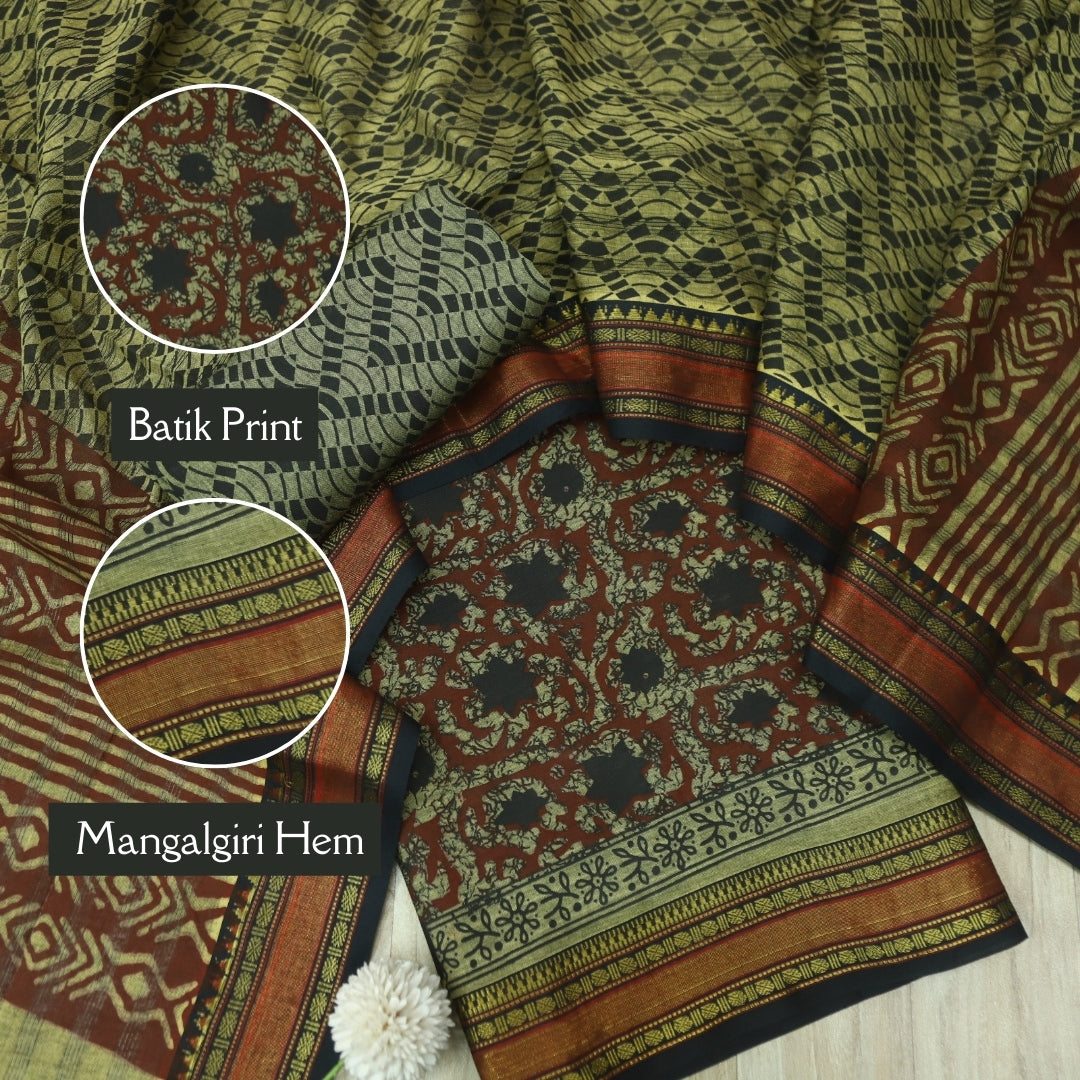 जीनत Dark Red Floral Printed Mangalgiri Hem Work Cotton Suit Set