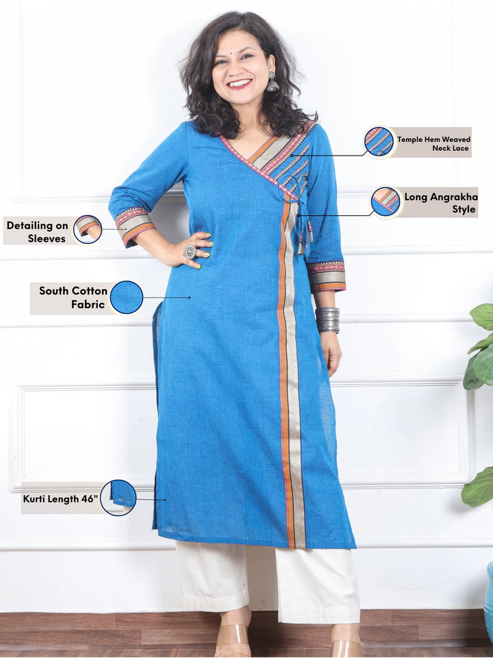 Dilbaar Royal Blue Angrakha Long Neck with Lace Work South Cotton Kurti