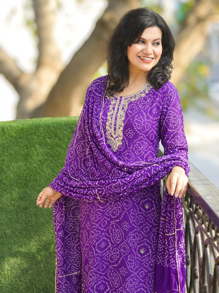 Bahaar Purple Embellished Bandhani Georgette 3 Piece Set