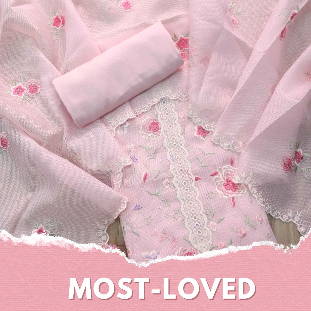 Fitoor Soft Pink Lace Patch with Floral Thread Embroidered Kota Doriya suit Set