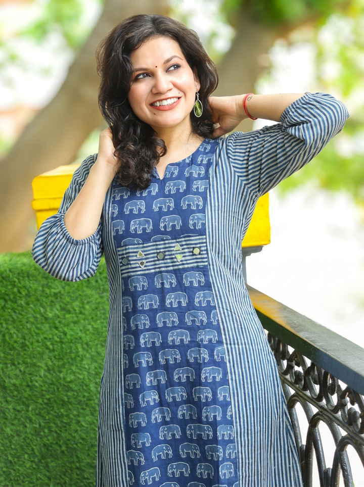 Nisha Blue Mirror Work Gajj Print Panel Cotton Kurti