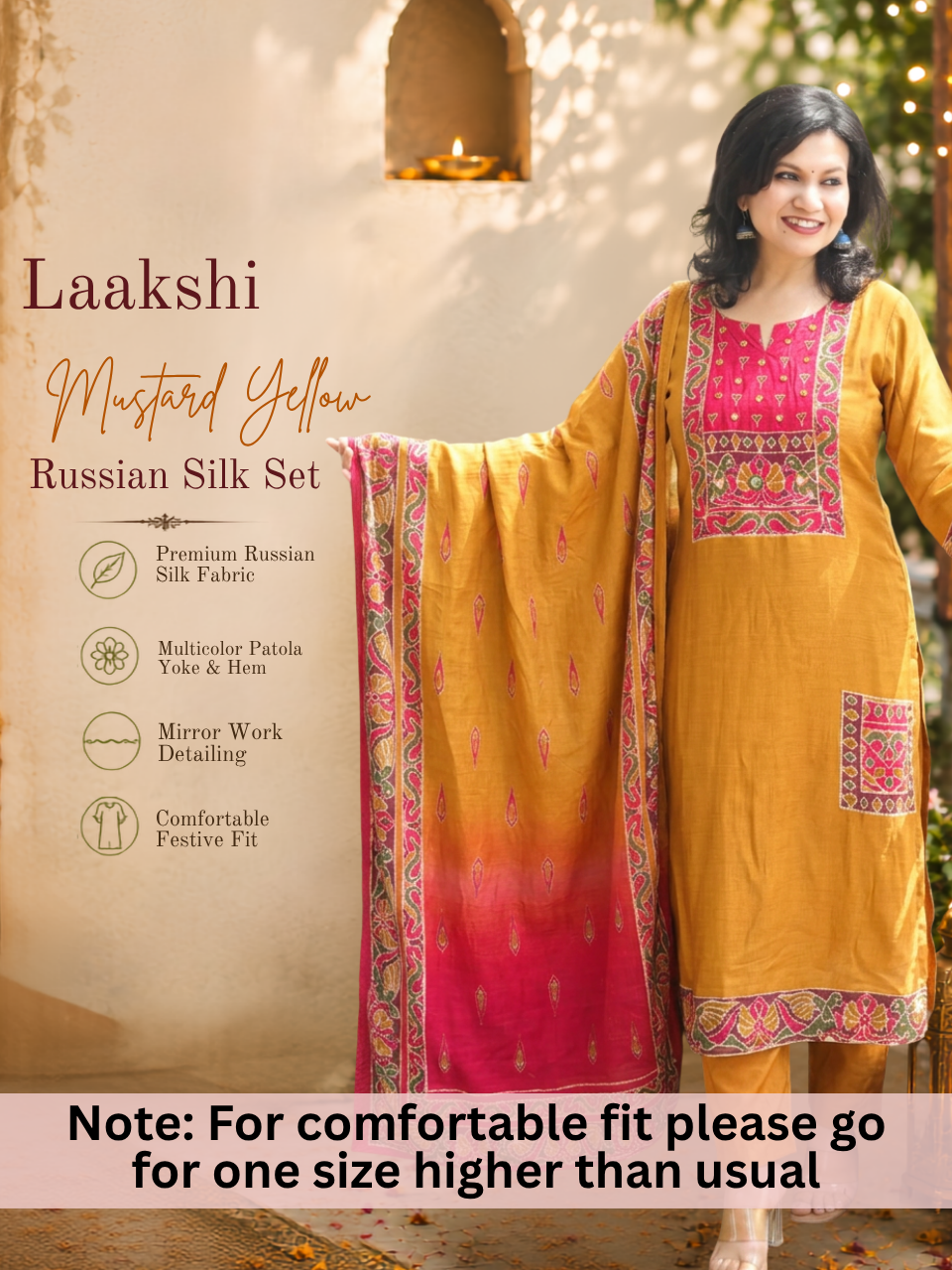 Laakshi Mustard Yellow Mirror Work Russian Silk 3 Piece Set