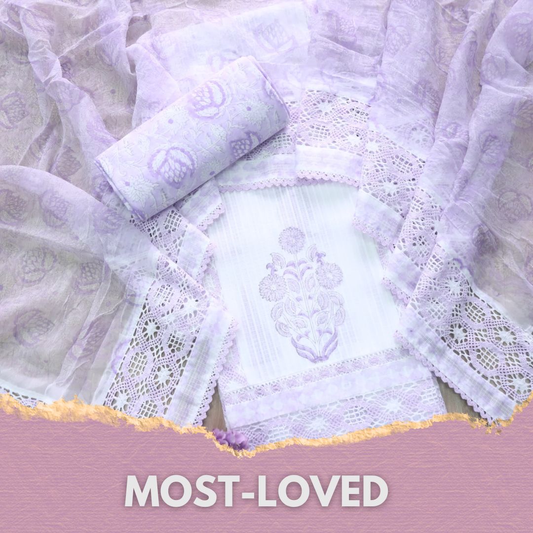Sahiba Lovely Lilac Kota Doriya Top with Chiffon Hand Painted Dupatta Set