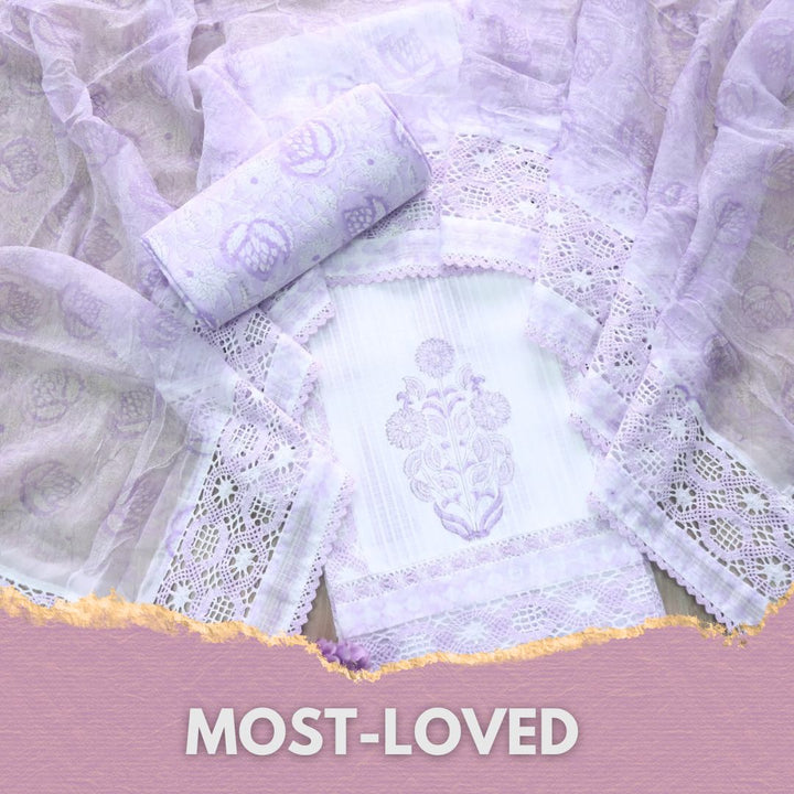 Sahiba Lovely Lilac Kota Doriya Top with Chiffon Hand Painted Dupatta Set