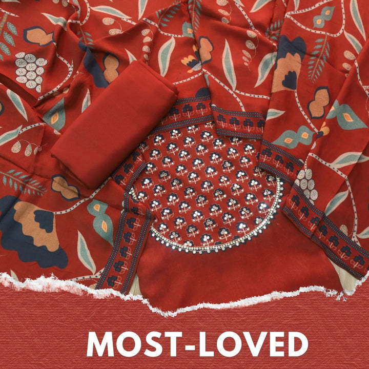 Manzeel Ruby Red Zari with Patra Neck Work Printed Muslin Suit Set