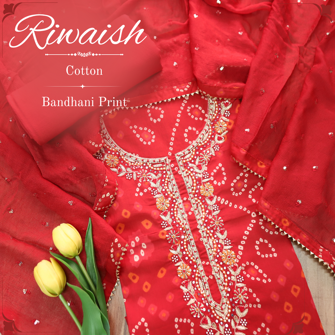 Riwaish Berry Red Embellish Neck Work Bandhani Print Cotton Set