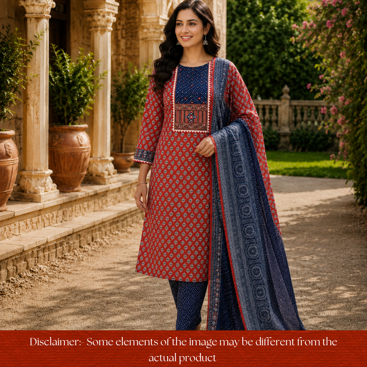 Saheli Berry Red Kutch Mirror Yoke Lotus Print Cotton Set