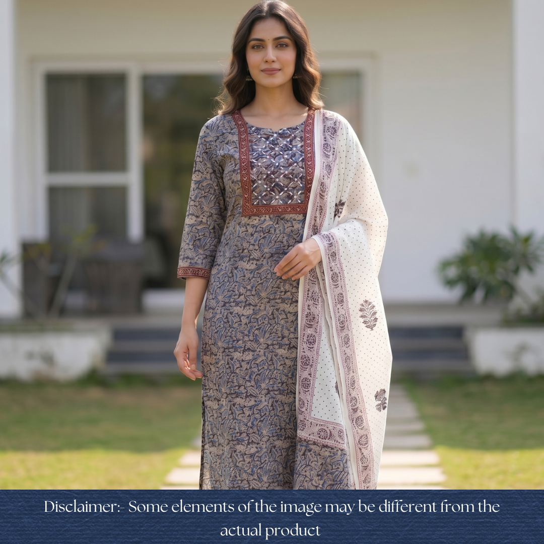 Nushrat Blue Black Kalamkari Printed Applique Cotton Set