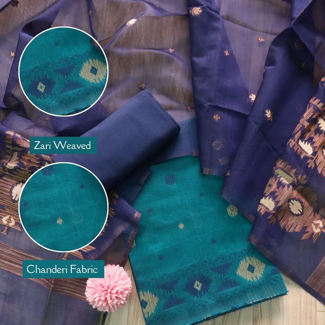 Khayal Cyan Teal Zari with Authentic Jamdani Top and Dupatta Suit Set
